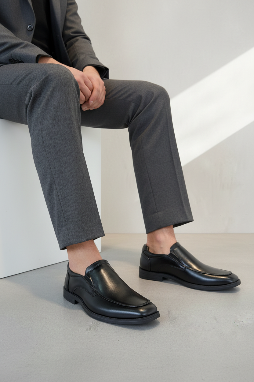 Zapatilla De Caballero En Cuero Negro Suave Con Brillo Discreto Y Cordones – 14098