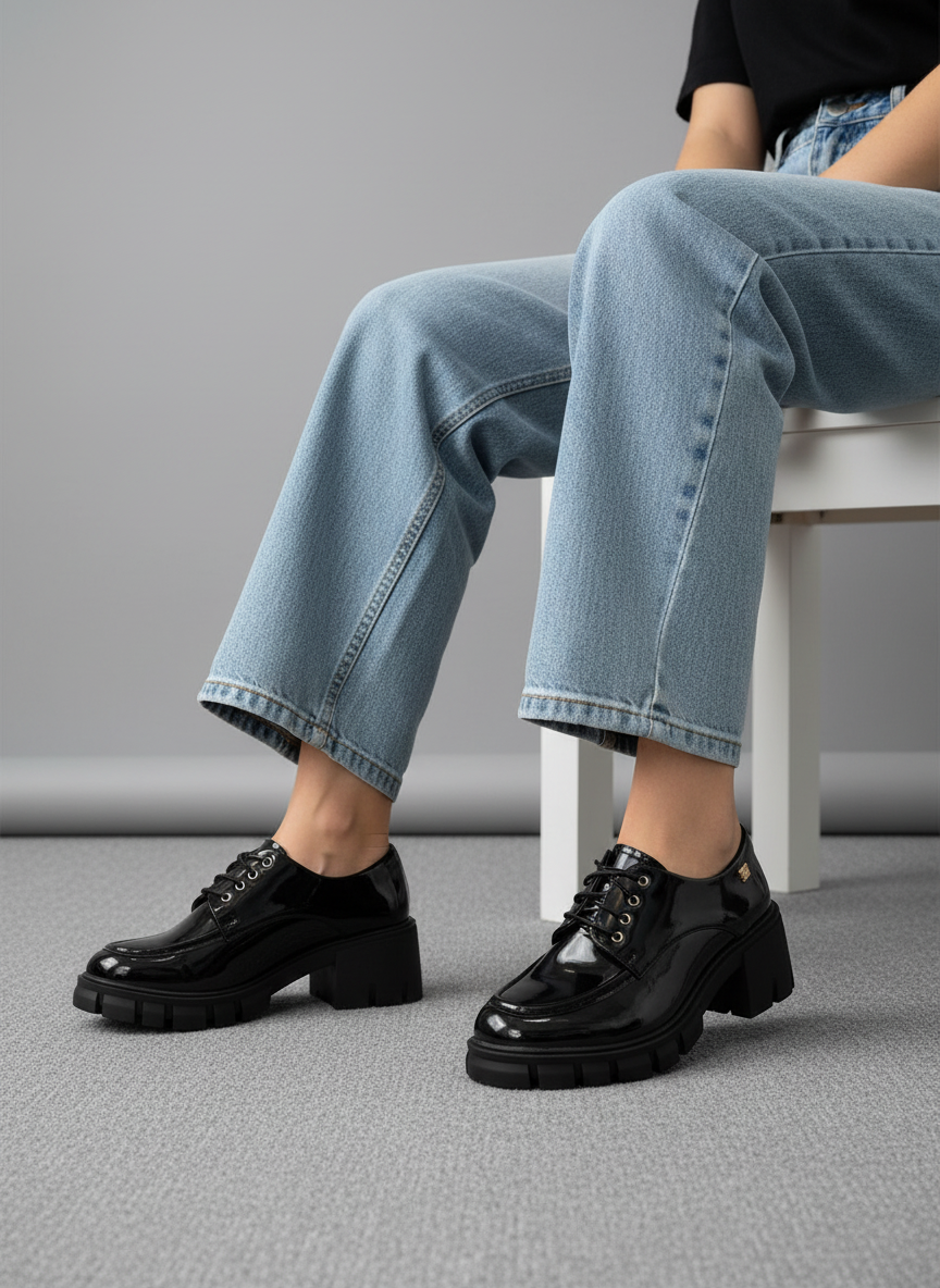 Zapatos Oxford En Charol Negro Con Plataforma Gruesa Y Cordones Estilo Moderno Y Sólido Al Caminar 14544