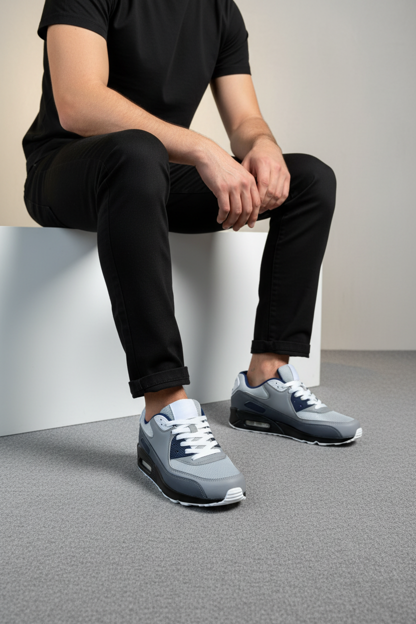 Zapatillas Deportivas Con Acabado Texturizado En Gris Y Negro, Cierre De Cordones Y Suela De Goma – 14122