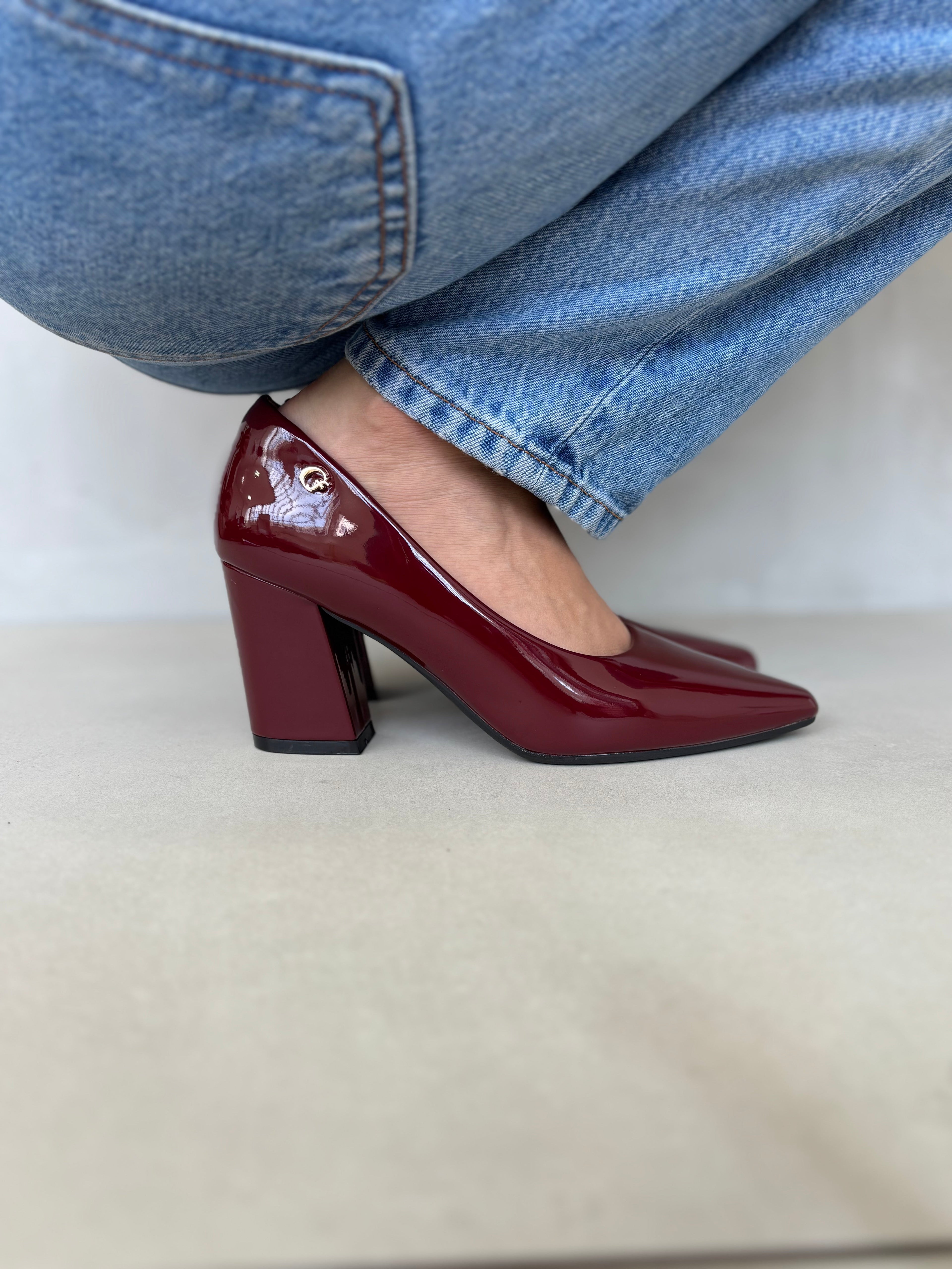 Zapatos De Vestir Burdeos En Charol Para Dama Con Tacón Alto Cuadrado Elegante - 14255