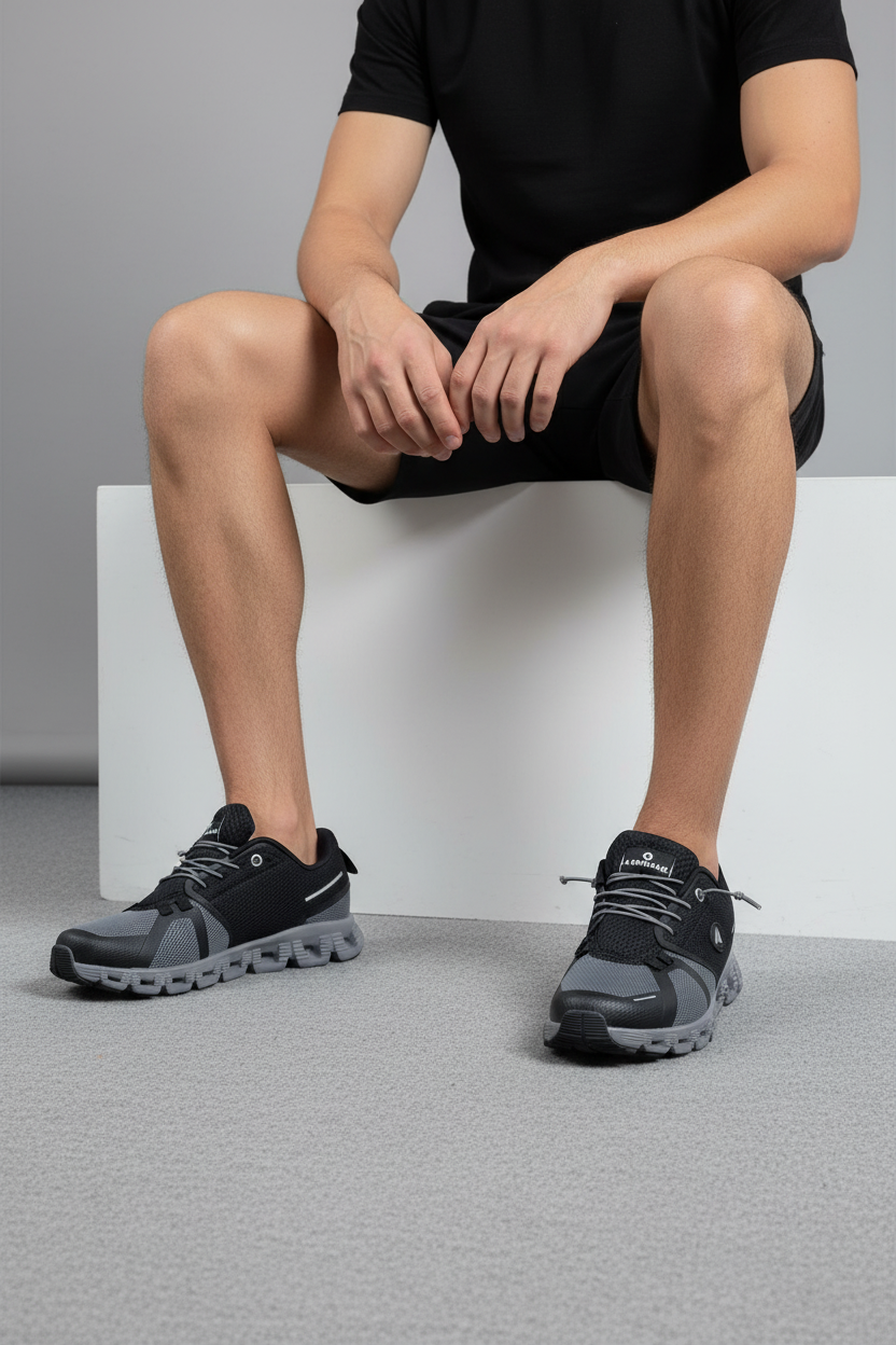 Tenis Deportivos Negros Con Detalles Grises Y Malla Técnica Con Refuerzos Sintéticos Y Ajuste Rápido + 14292