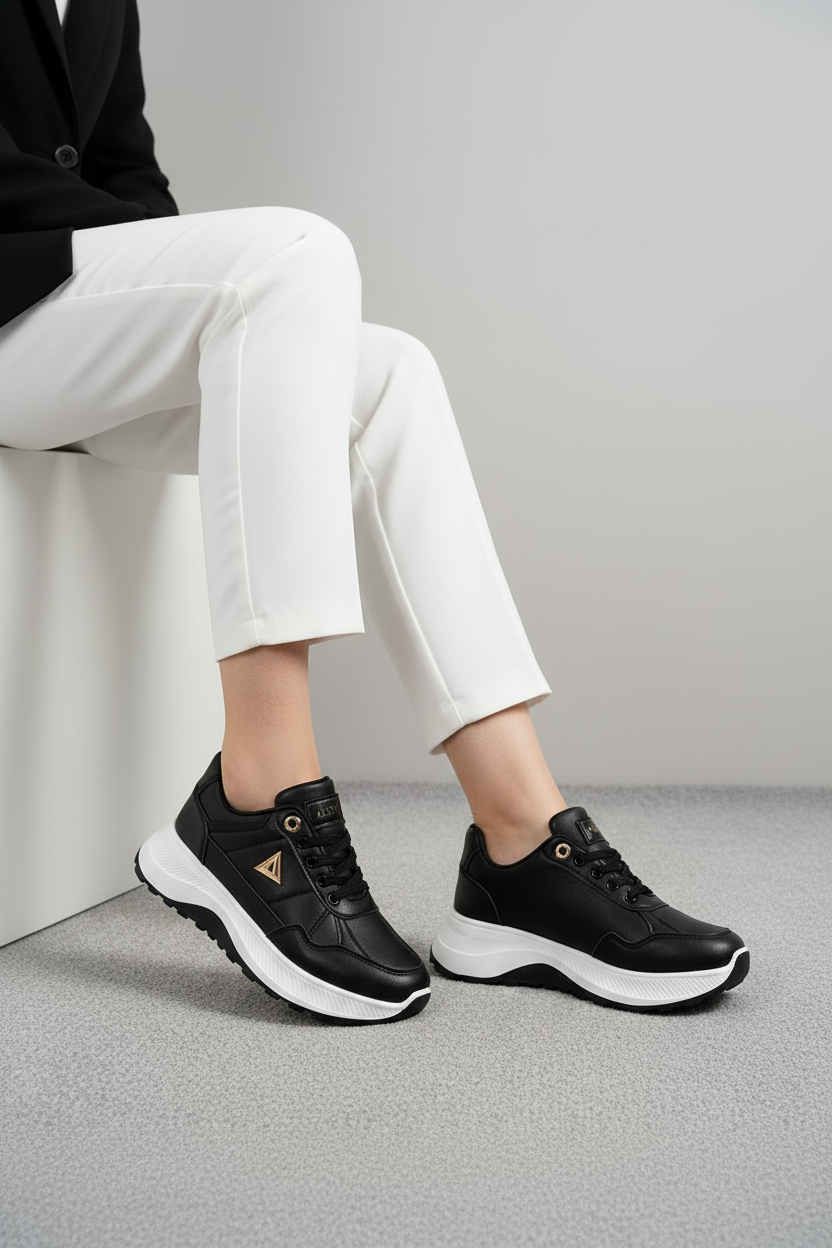 Tenis Chunky Para Mujer En Negro Con Suela Blanca Y Detalles Metálicos Dorado Rosé Estilo Urbano - 14144