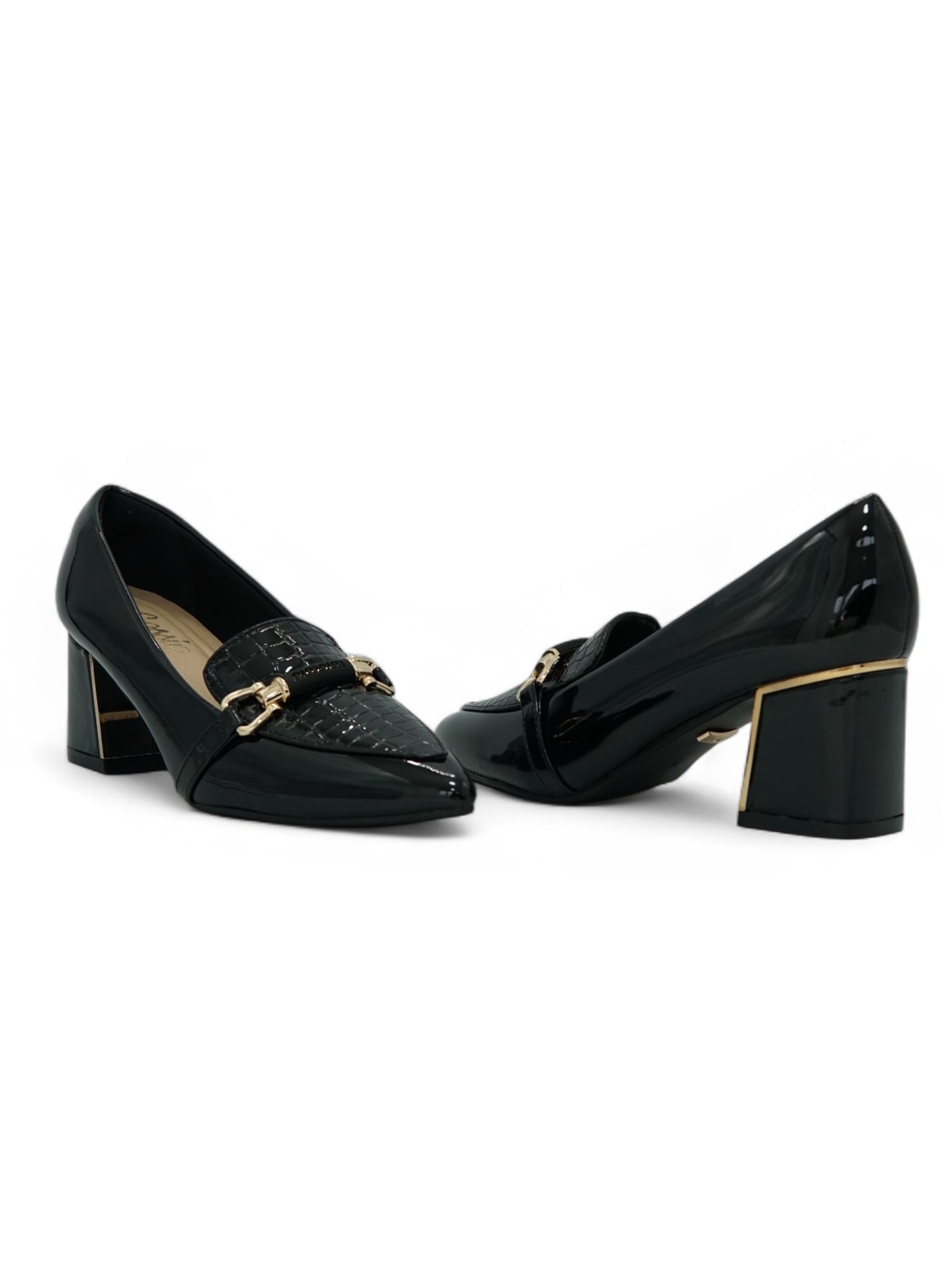 13329 - Tacones Tipo Mocasín para Mujer en Charol Negro con Herraje Dorado