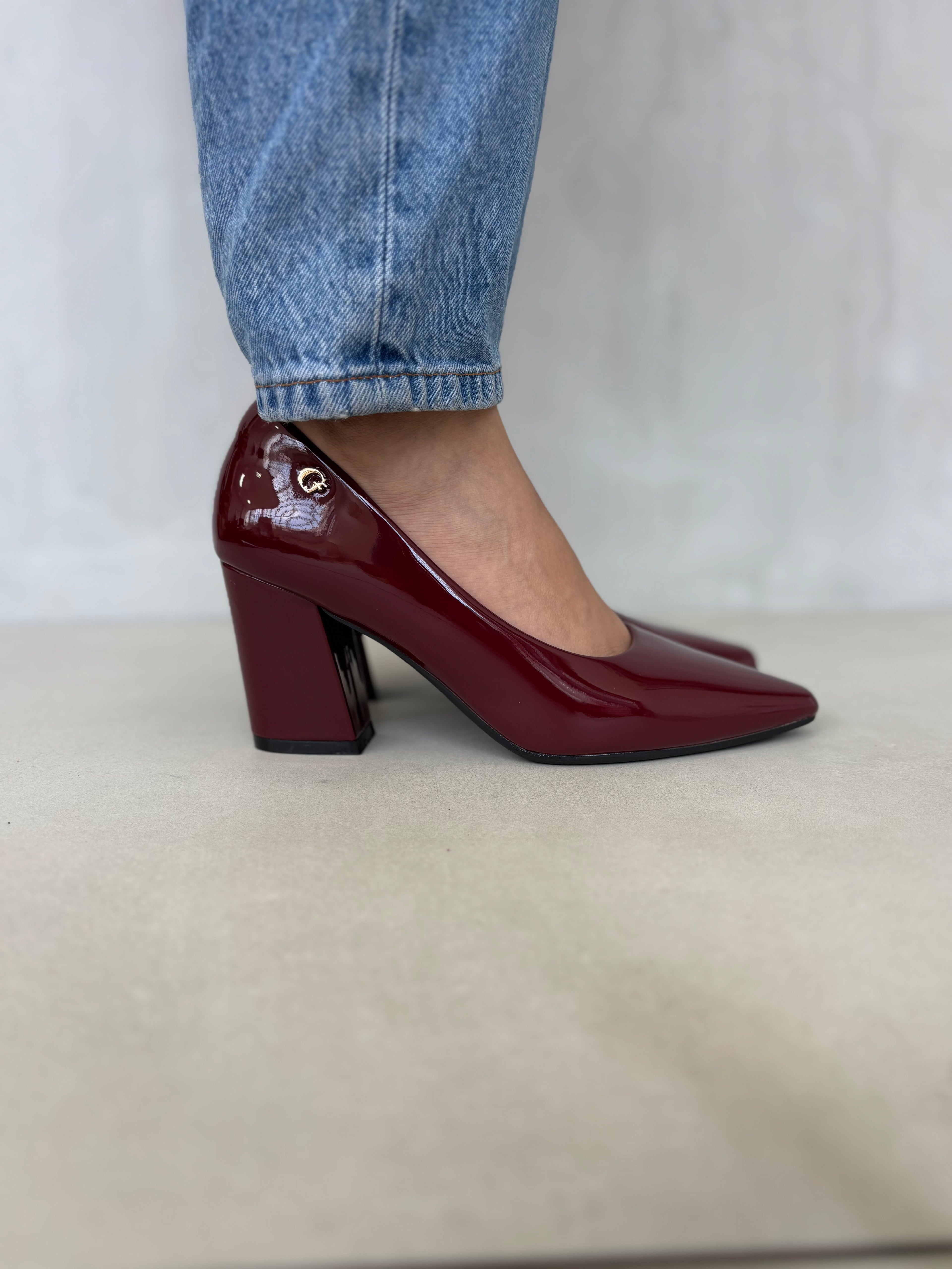 Zapatos De Vestir Burdeos En Charol Para Dama Con Tacón Alto Cuadrado Elegante - 14255