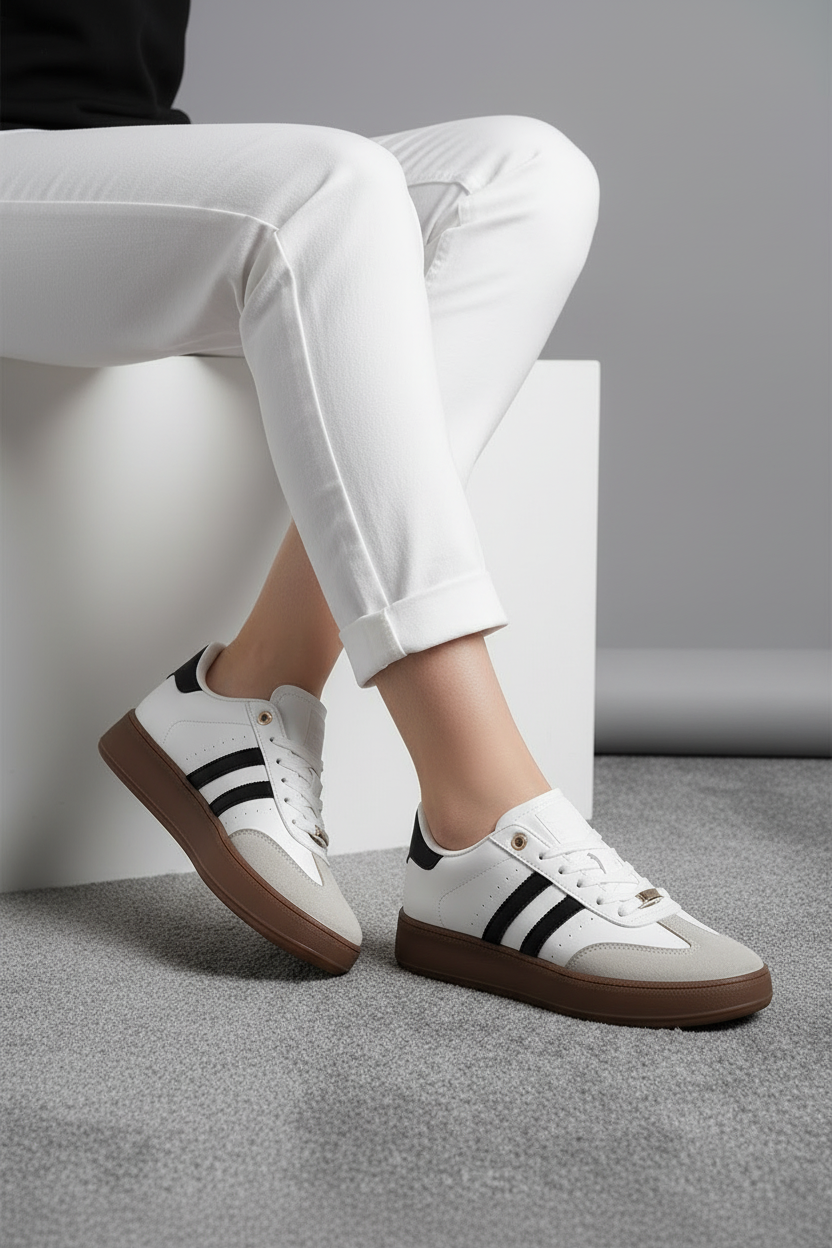 Tenis Casual Para Mujer En Negro, Blanco Y Gris Con Suela En Contraste Marrón - 13372