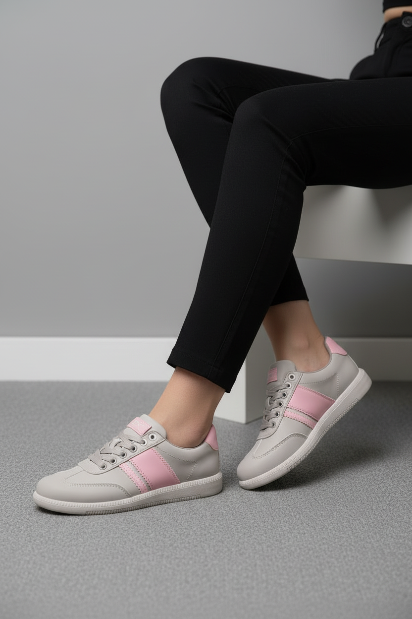 Tenis Casual Gris Claro Con Detalles Rosa Pastel Estilo Urbano Retro Renovado - 13407