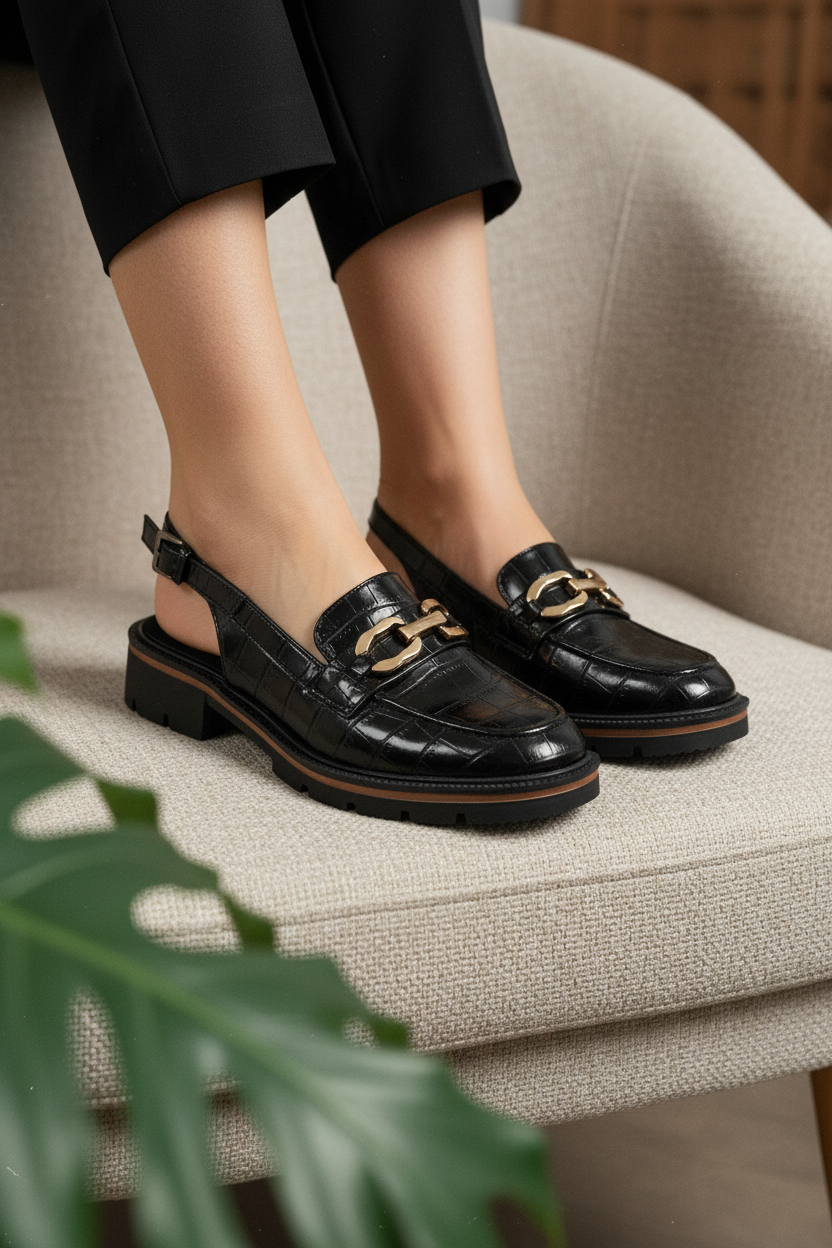 Mocasines Mule Negros con Textura Croco y Hebilla Dorada en Empeine Elegante - 14548