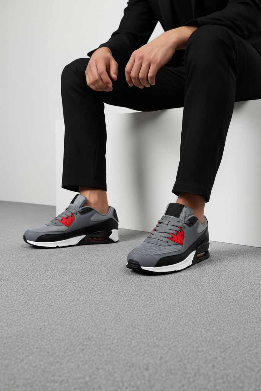 Tenis Para Hombre Gris Con Toques Rojos + Cierre De Cordones + Suela Plana Y Flexible + Tejido Transpirable + 14125