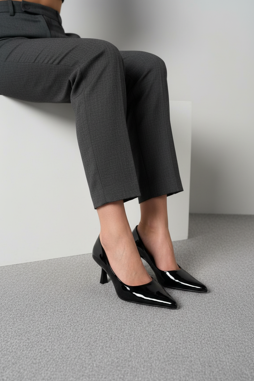 Tacones de Charol Negros con Punta Fina y Tacón Delgado Estilo Atemporal y Sofisticado - 14423
