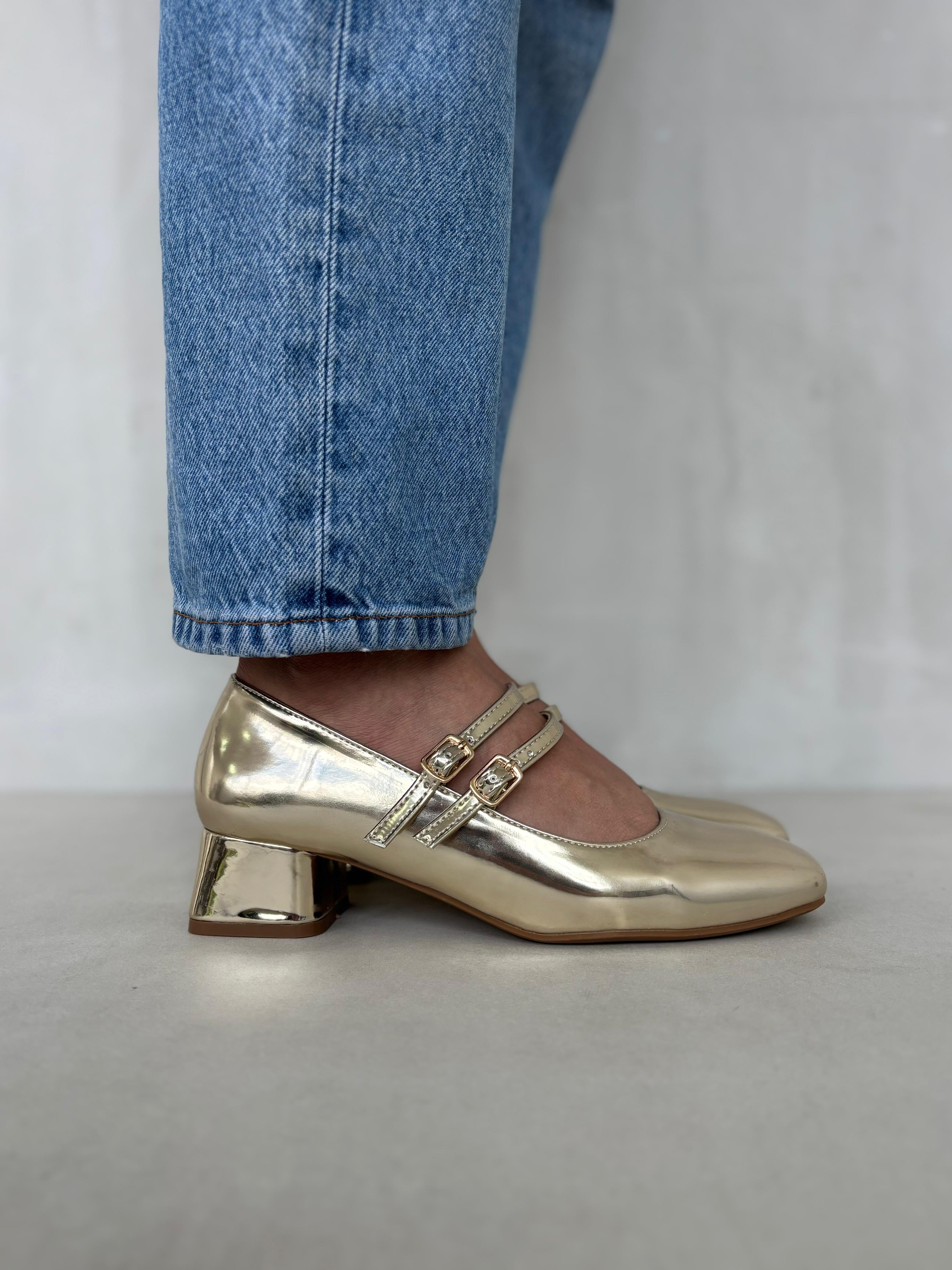 Zapatos De Tacón Bajo Mary Jane Rosé 13465 Con Charol Metálico Y Doble Tira Con Hebillas