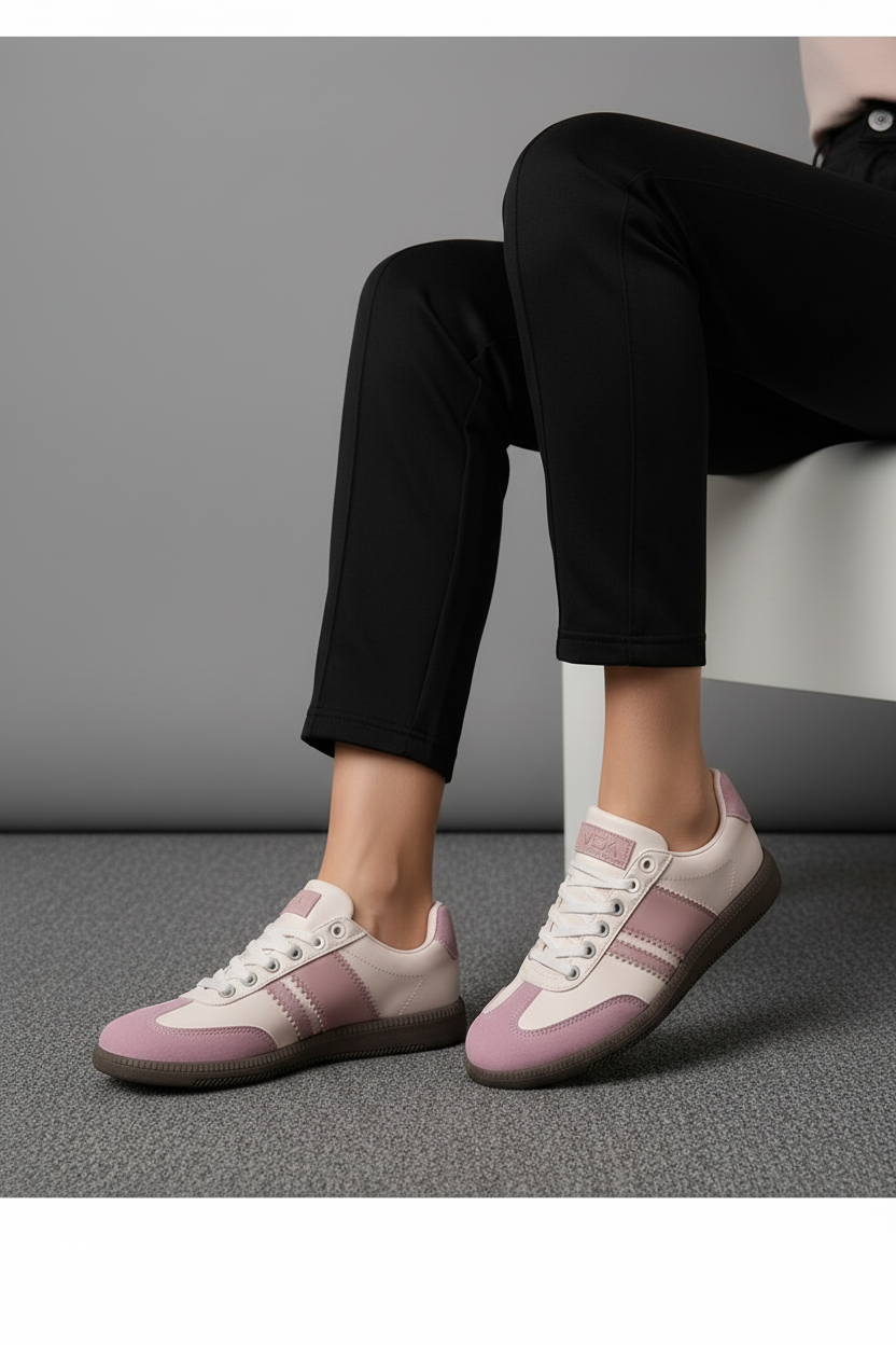 Tenis Casual Gris Claro Con Detalles Rosa Pastel Retro Para Mujer Urbano – 13406