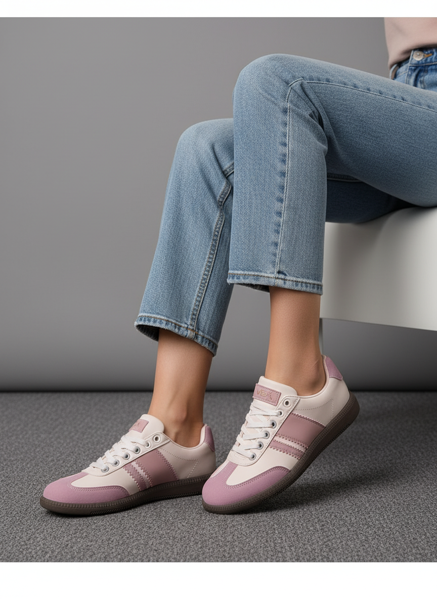 Tenis Casual Gris Claro Con Detalles Rosa Pastel Retro Para Mujer Urbano – 13406