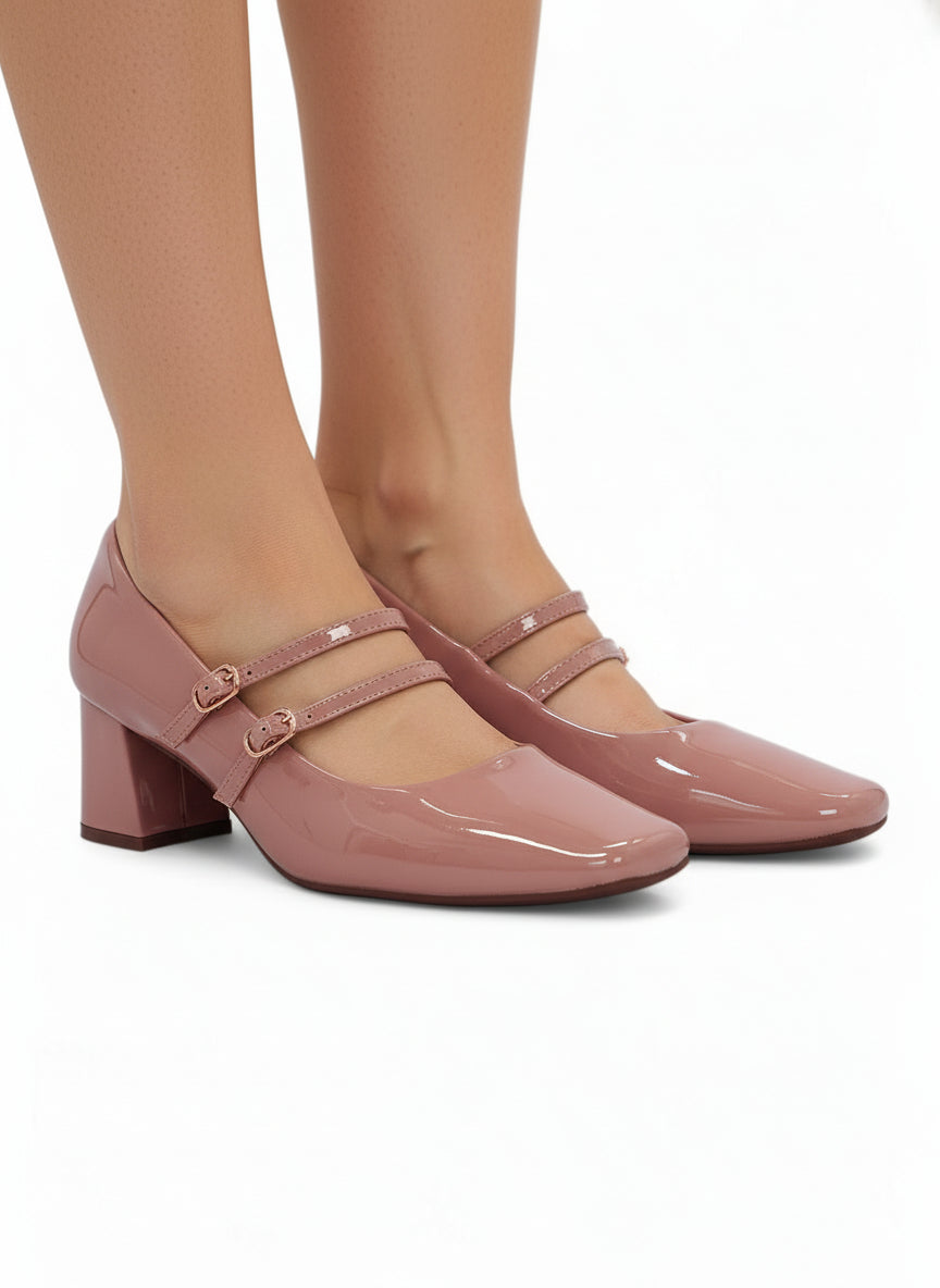 11295 - Zapatos Mary Jane para Mujer en Charol Nude Rosado con Doble Correa