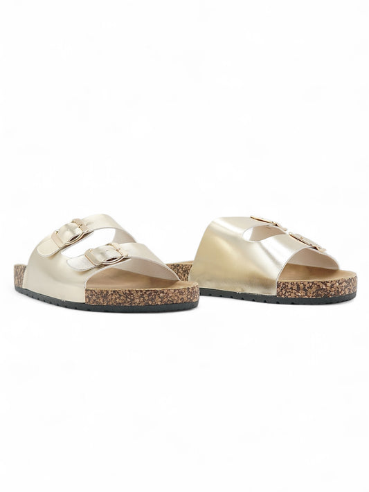 13988-Sandalias Planas de Mujer con Doble Hebilla