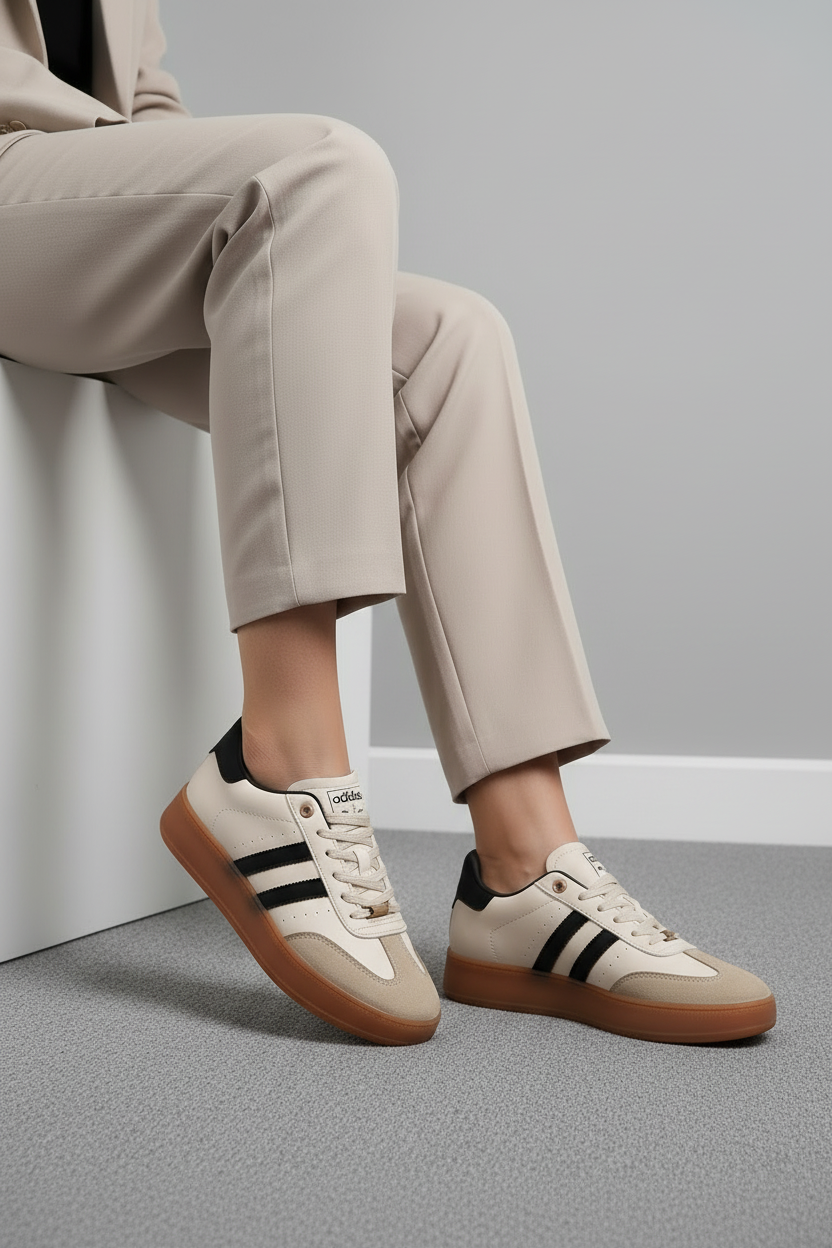 Tenis Casual Para Mujer + Con Detalles En Negro, Blanco Y Gris Y Suela Marrón + Estilo Urbano Moderno + 13371