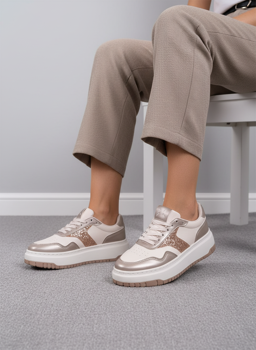 Tenis Urbanas Para Mujer En Nude Con Detalles Rosé Brillantes Y Metálicos Estilo Casual Y Elegante - 13561