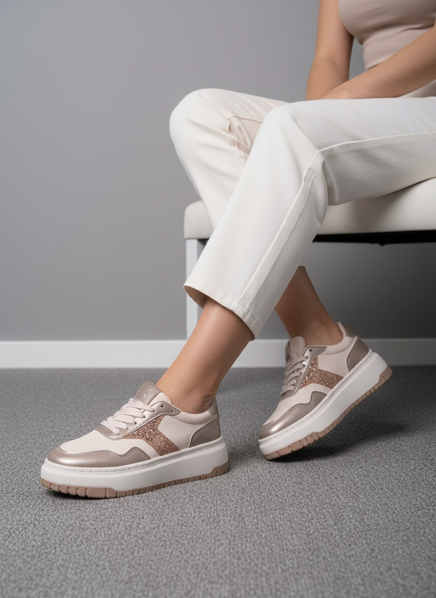 Tenis Urbanas Para Mujer En Nude Con Detalles Rosé Brillantes Y Metálicos Estilo Casual Y Elegante - 13561