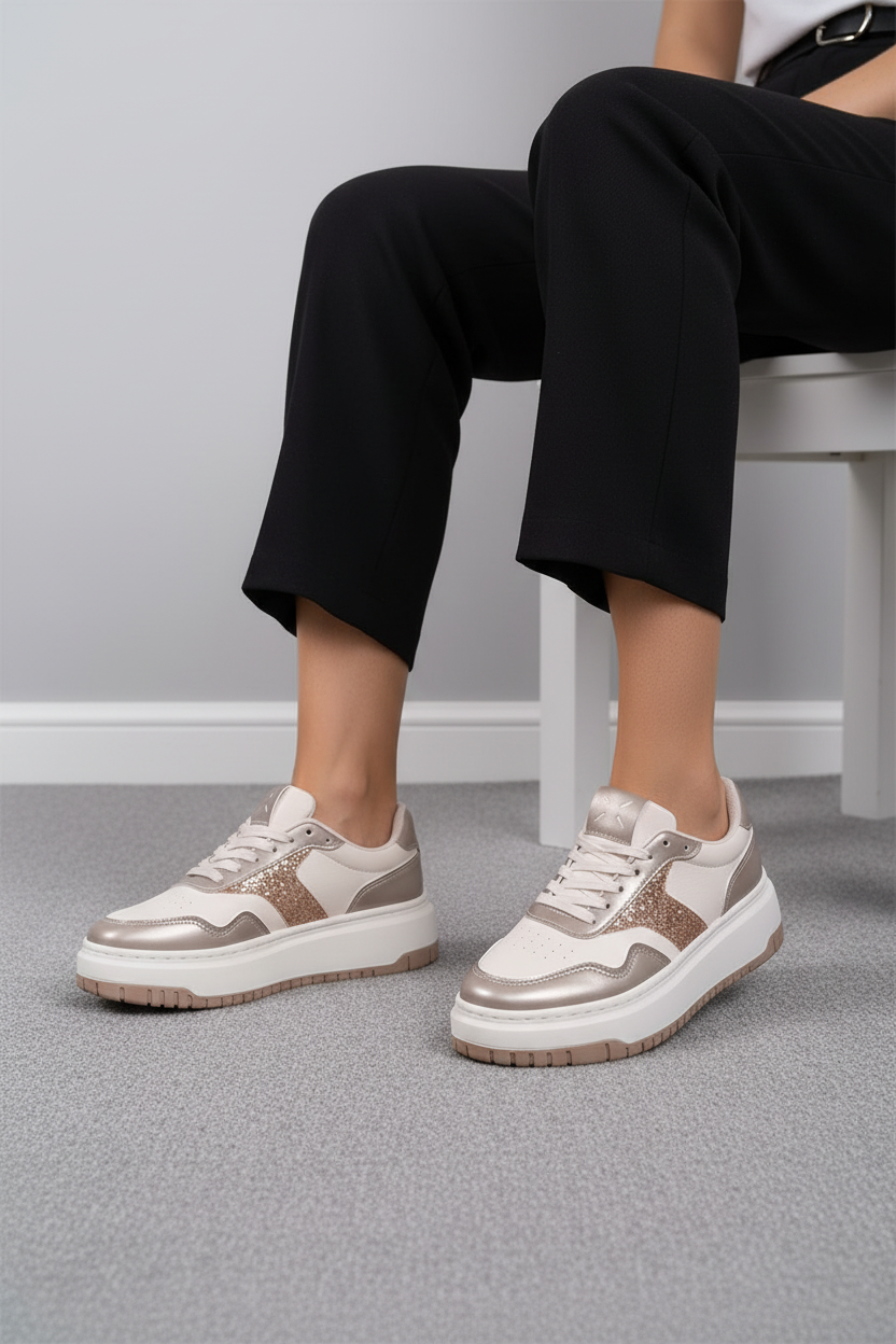 Tenis Urbanas Para Mujer En Nude Con Detalles Rosé Brillantes Y Metálicos Estilo Casual Y Elegante - 13561