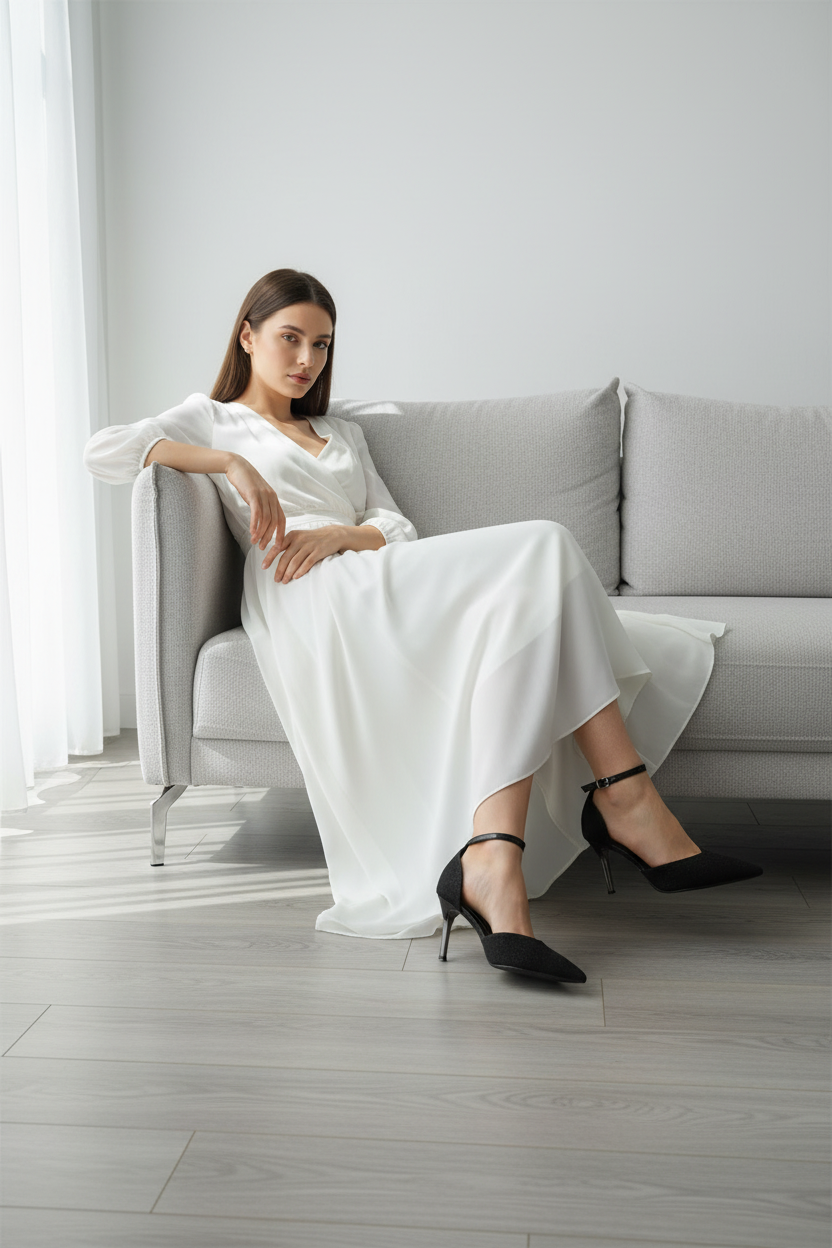 Tacones Negros Con Glitter Sutil Y Pulsera Al Tobillo Con Hebilla Metálica – 14572