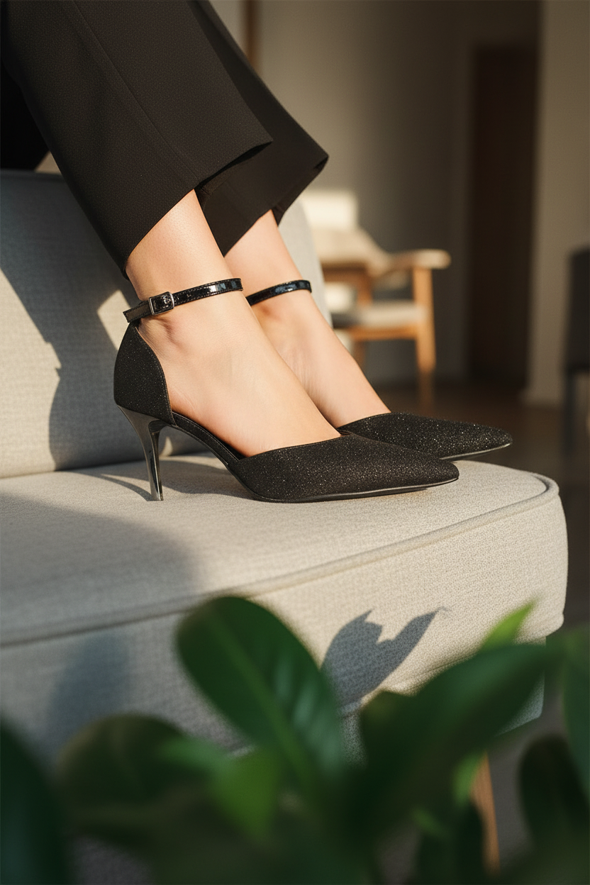 Tacones Negros Con Glitter Sutil Y Pulsera Al Tobillo Con Hebilla Metálica – 14572