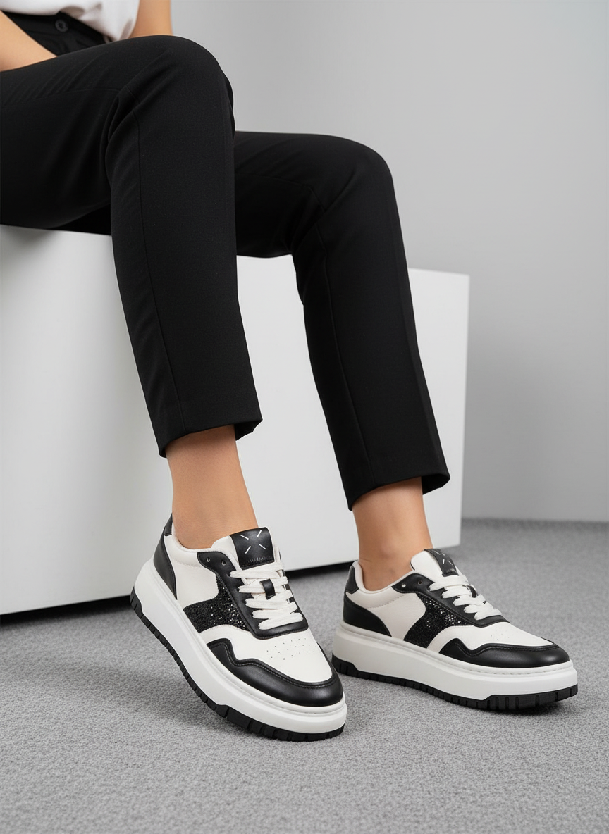 Tenis Urbanos Para Mujer En Blanco Y Negro Con Detalles Texturizados - Estilo Casual Y Versátil - 13559