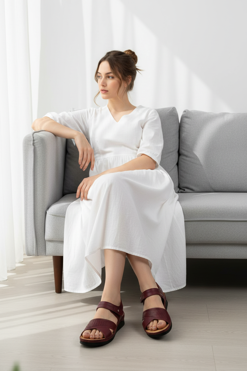 Sandalias Burdeos Con Doble Tira Cruzada Y Velcro Plantilla Acolchada Komfort 14716