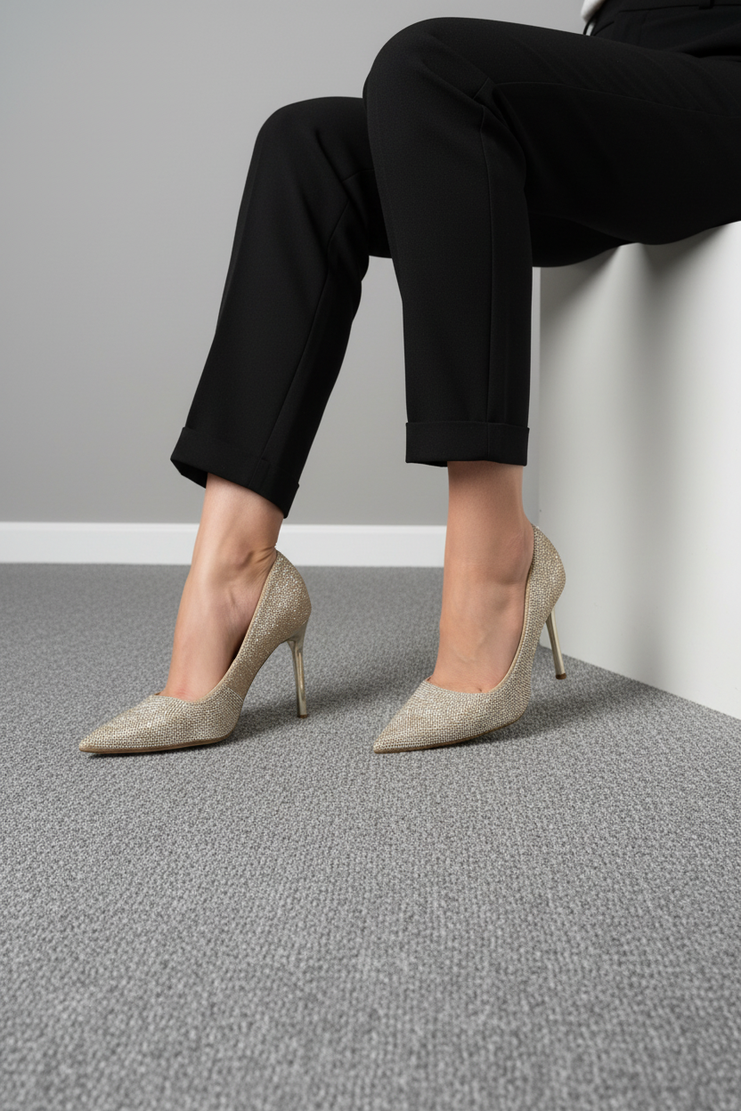 Zapatos de Tacón Dorados con Brillo Fino y Punta Fina + Estilo Sofisticado y Elegante + 14259