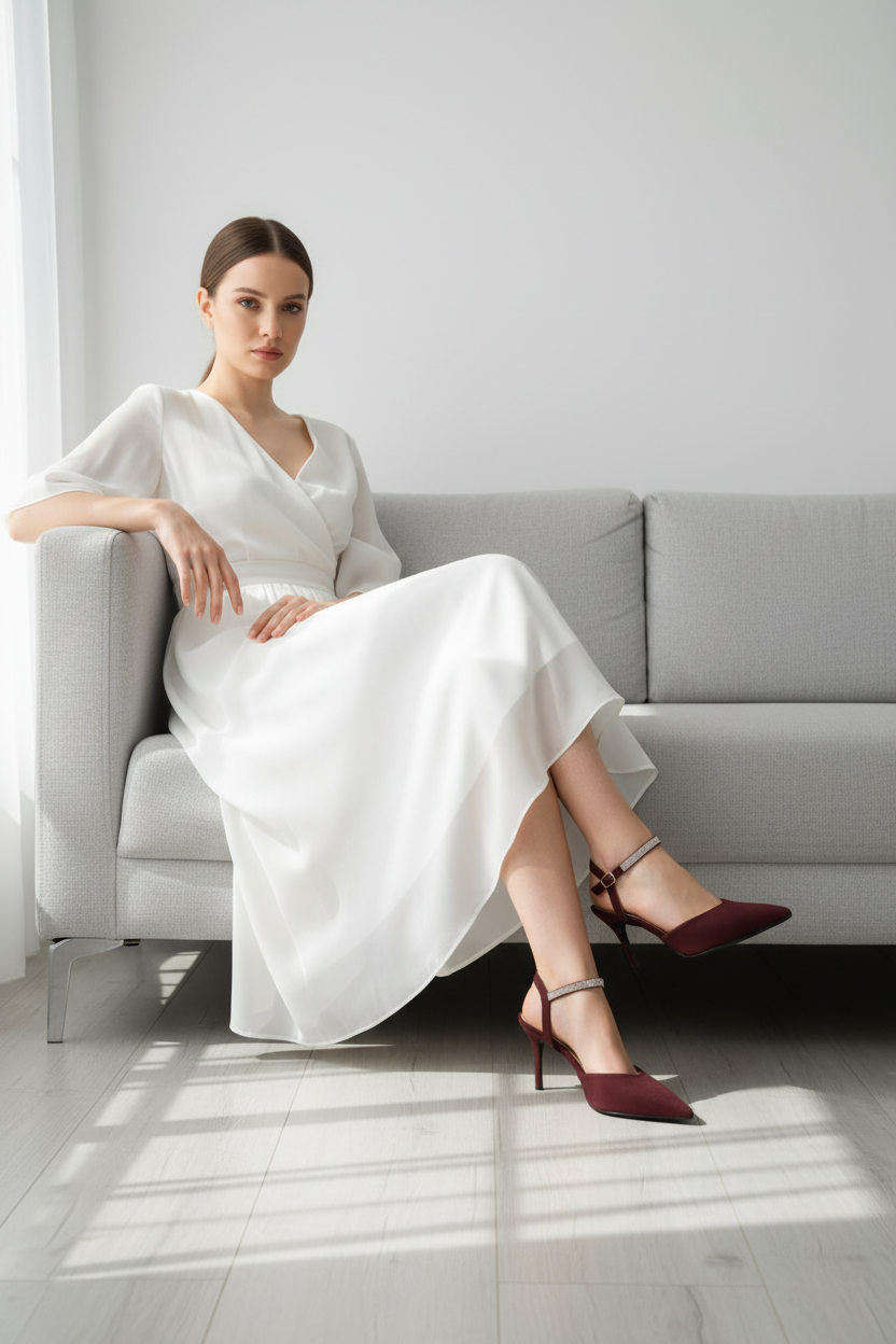 Tacones Burdeos Con Punta Fina Y Pulsera Ajustable Elegantes Para Noche Formal – 14571