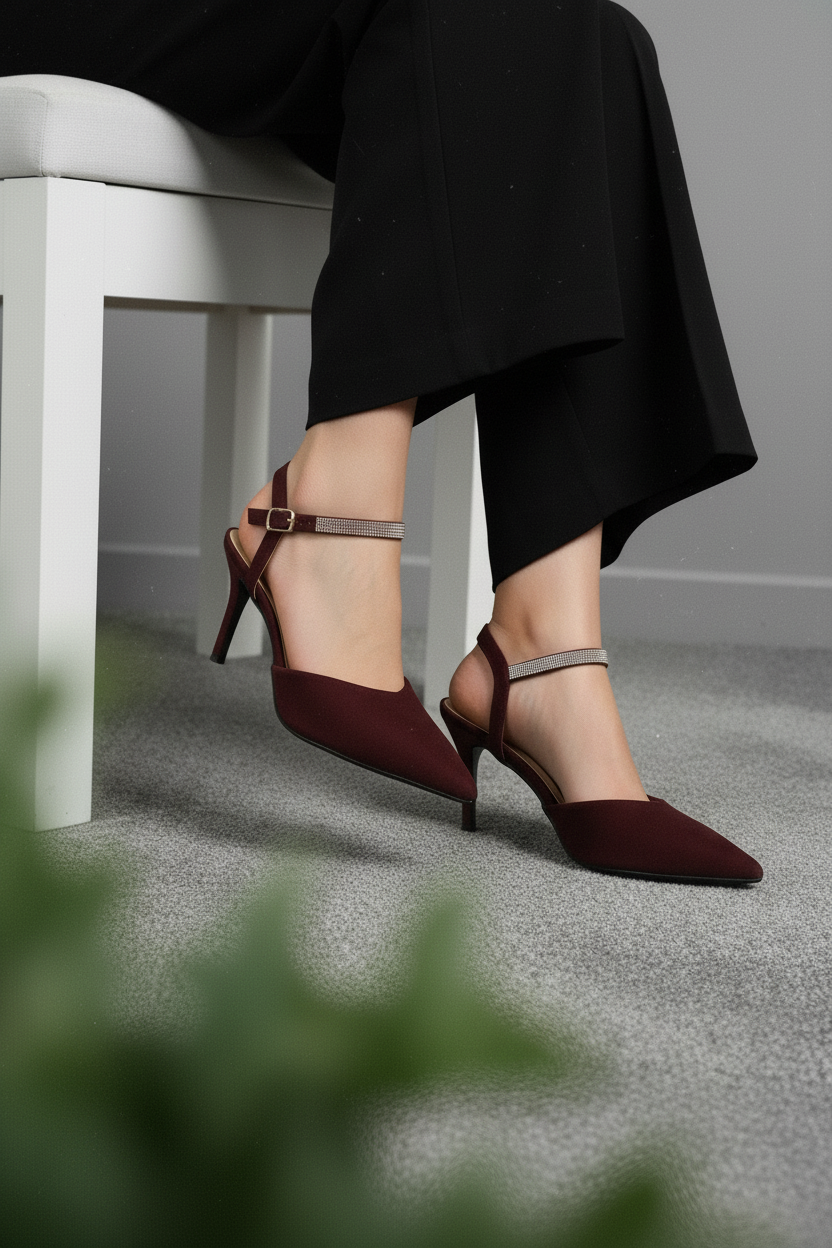 Tacones Burdeos Con Punta Fina Y Pulsera Ajustable Elegantes Para Noche Formal – 14571