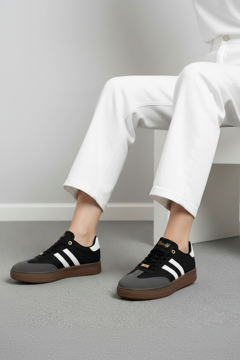 Tenis Casual de mujer en negro, blanco y gris con suela marrón en contraste estilo urbano - 13370