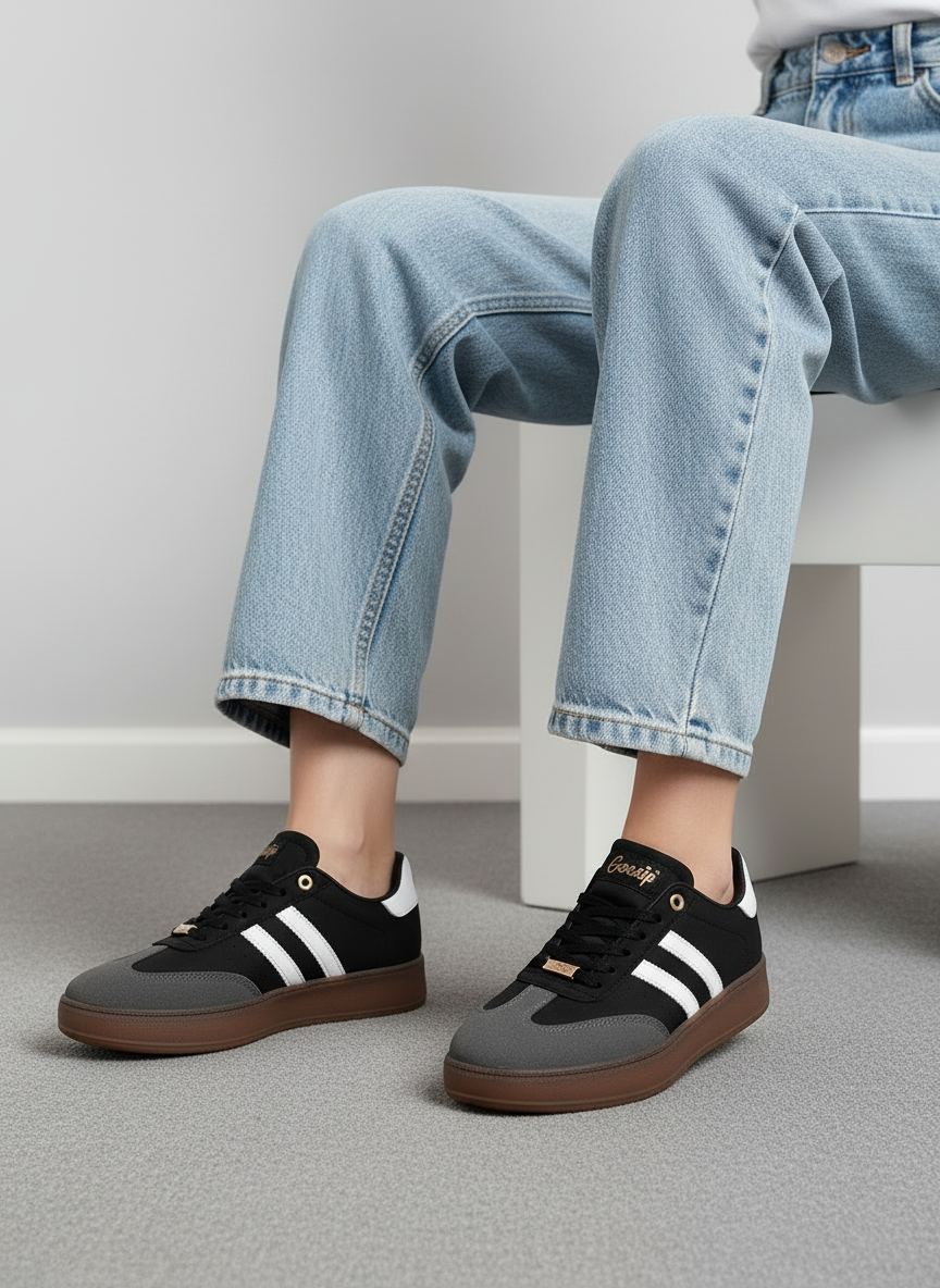 Tenis Casual de mujer en negro, blanco y gris con suela marrón en contraste estilo urbano - 13370