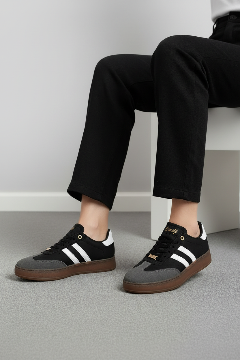 Tenis Casual de mujer en negro, blanco y gris con suela marrón en contraste estilo urbano - 13370