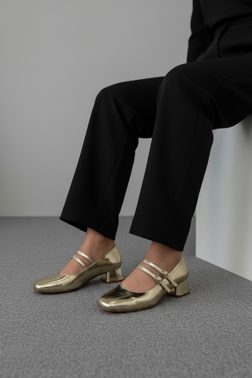 Zapatos De Tacón Bajo Mary Jane Rosé 13465 Con Charol Metálico Y Doble Tira Con Hebillas