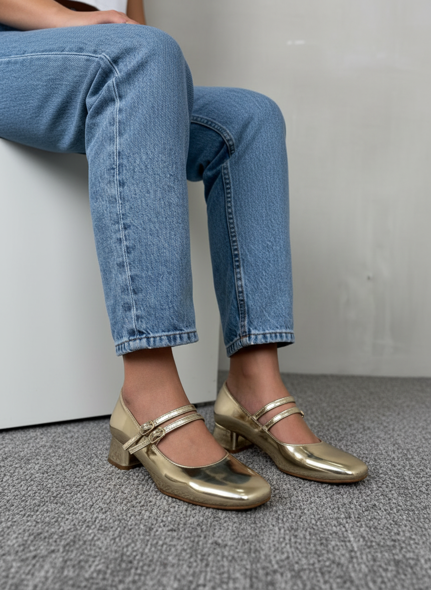 Zapatos De Tacón Bajo Mary Jane Rosé 13465 Con Charol Metálico Y Doble Tira Con Hebillas