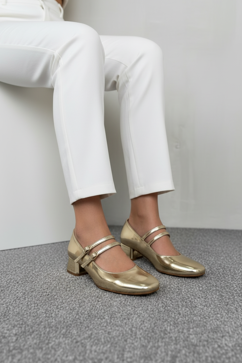 Zapatos De Tacón Bajo Mary Jane Rosé 13465 Con Charol Metálico Y Doble Tira Con Hebillas