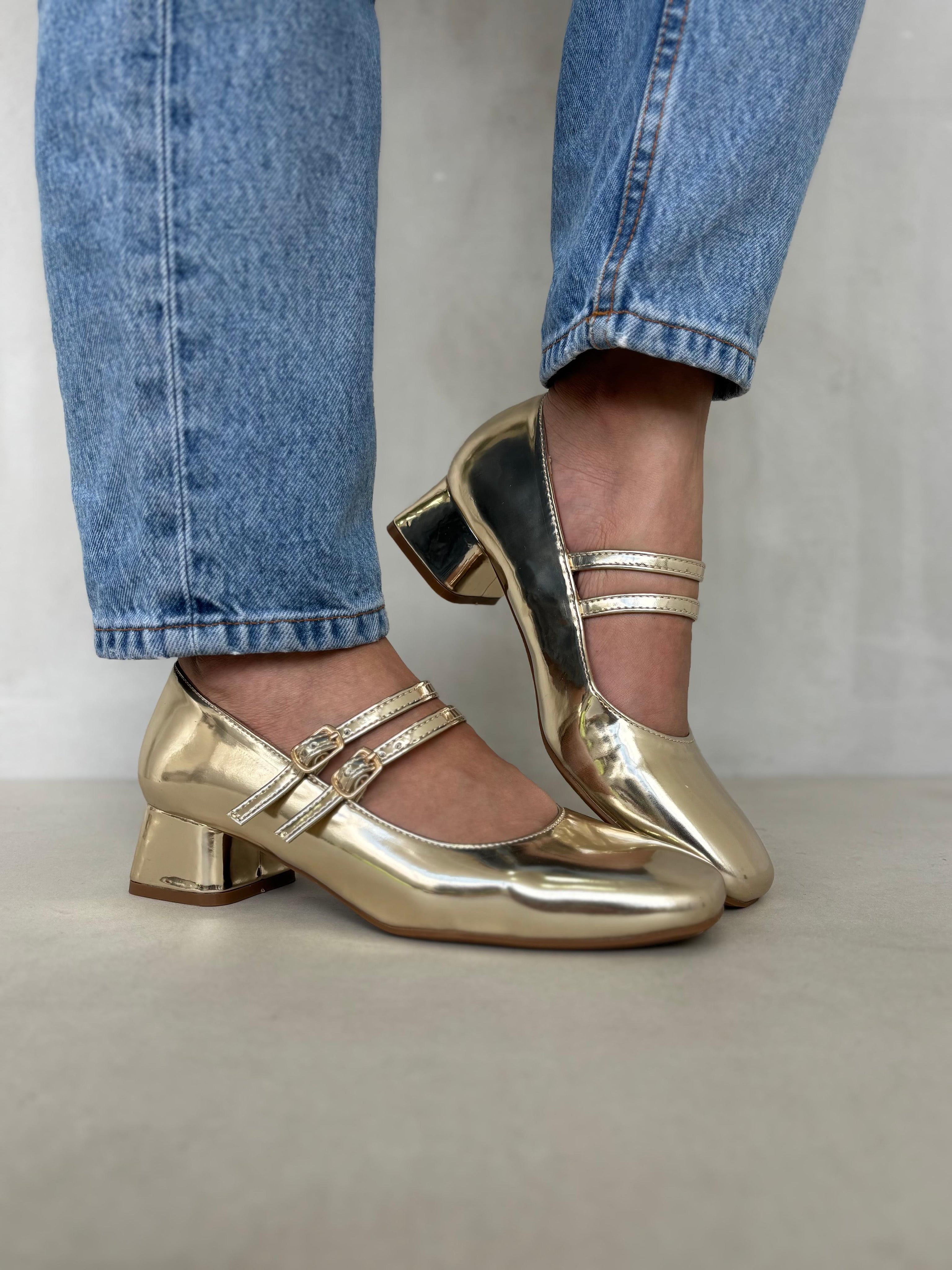 Zapatos De Tacón Bajo Mary Jane Rosé 13465 Con Charol Metálico Y Doble Tira Con Hebillas