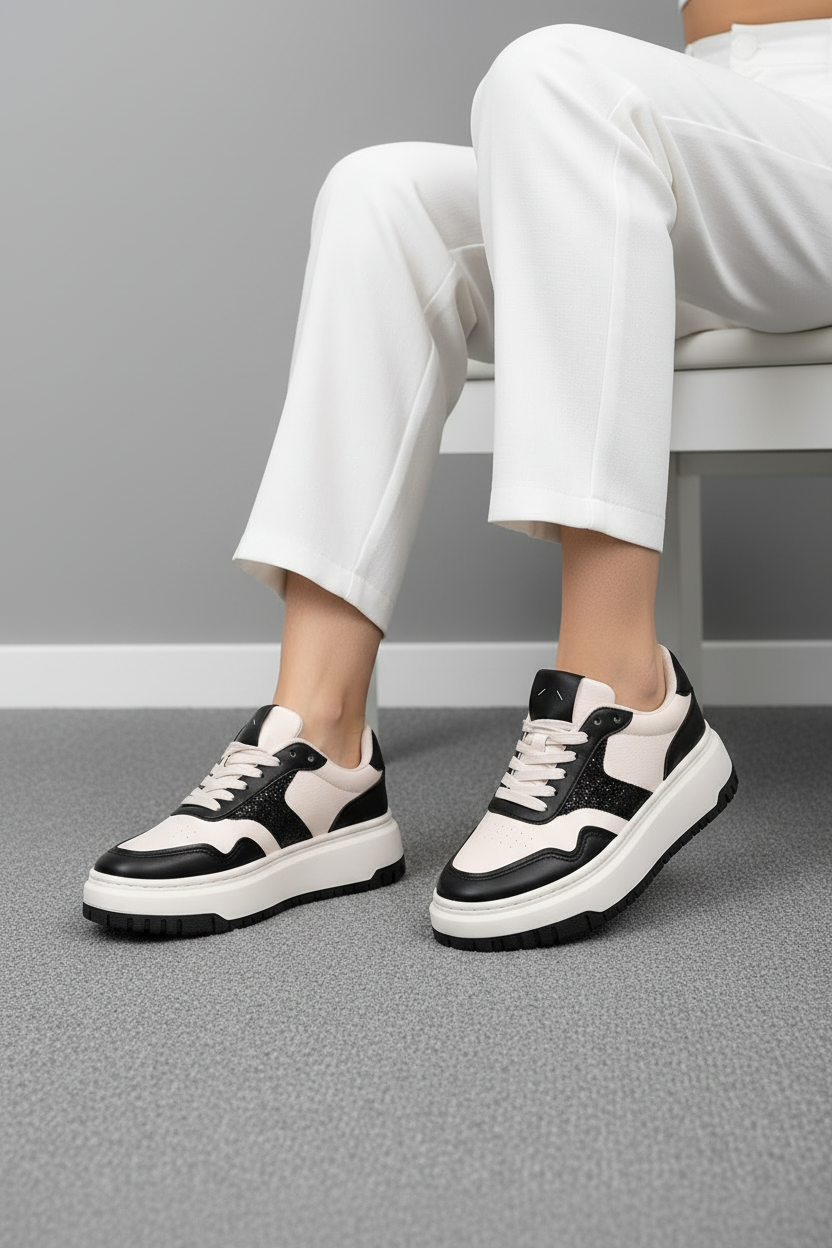 Tenis Urbanos Para Mujer En Blanco Y Negro Con Detalles Texturizados - Estilo Casual Y Versátil - 13559