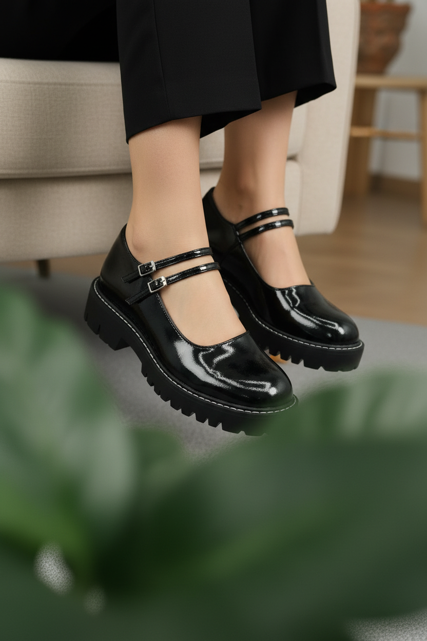 Zapatillas Mary Jane Charol Chunky 14453 Con Suela Chunky Y Doble Correa Ajustable Estilo Urbano Moderno