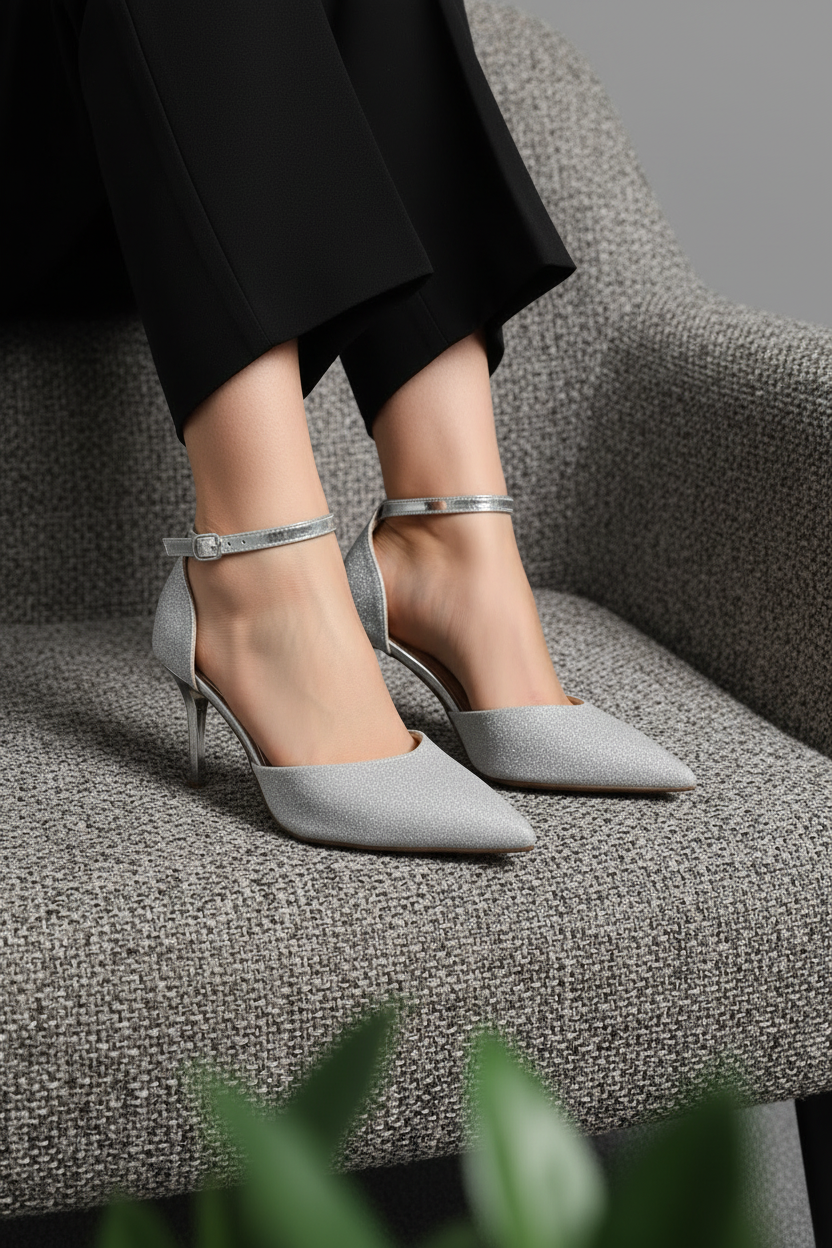 Tacones Plateados Modernos con Punta Fina, Acabado Brillante y Pulsera Ajustable – 14573