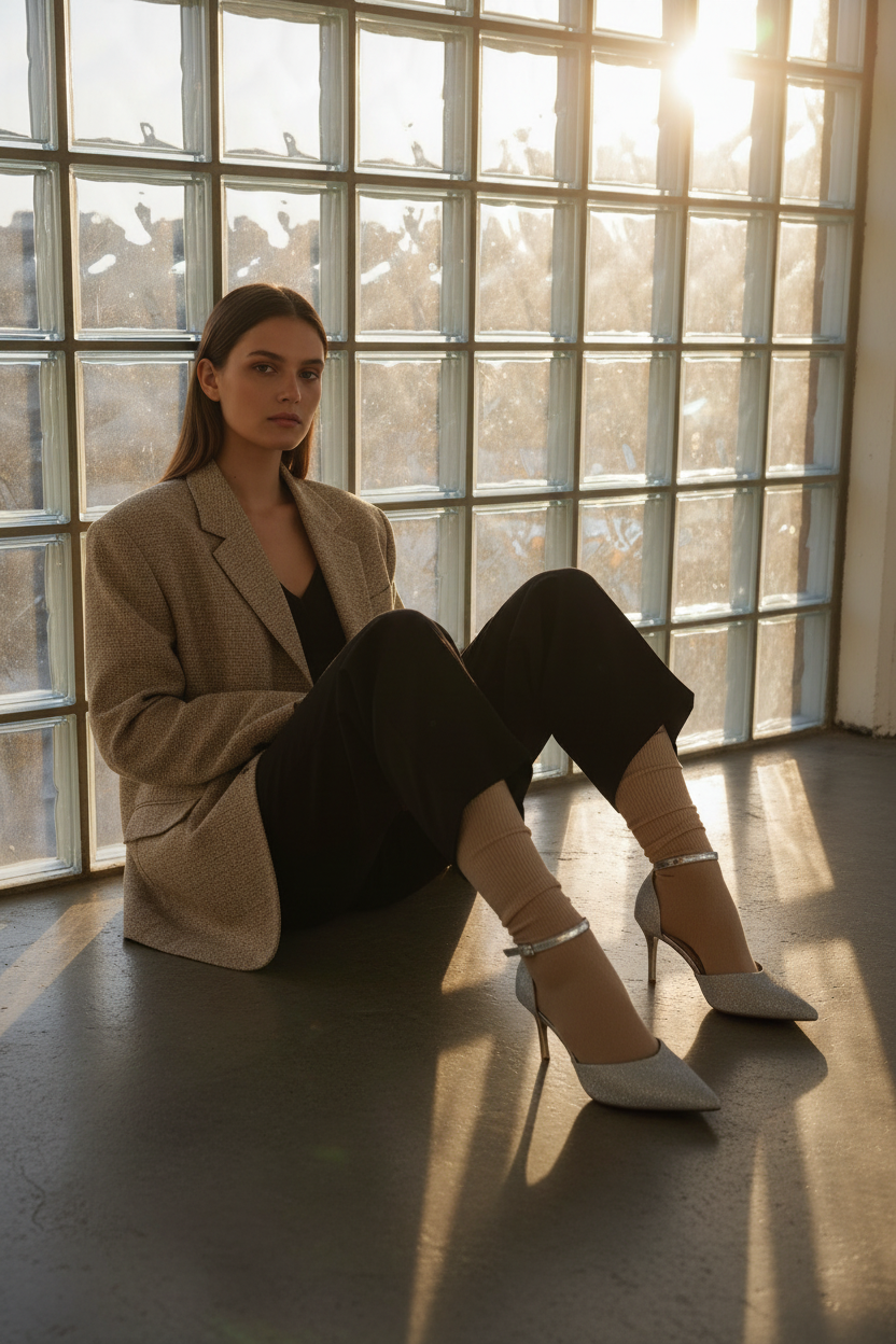 Tacones Plateados Modernos con Punta Fina, Acabado Brillante y Pulsera Ajustable – 14573