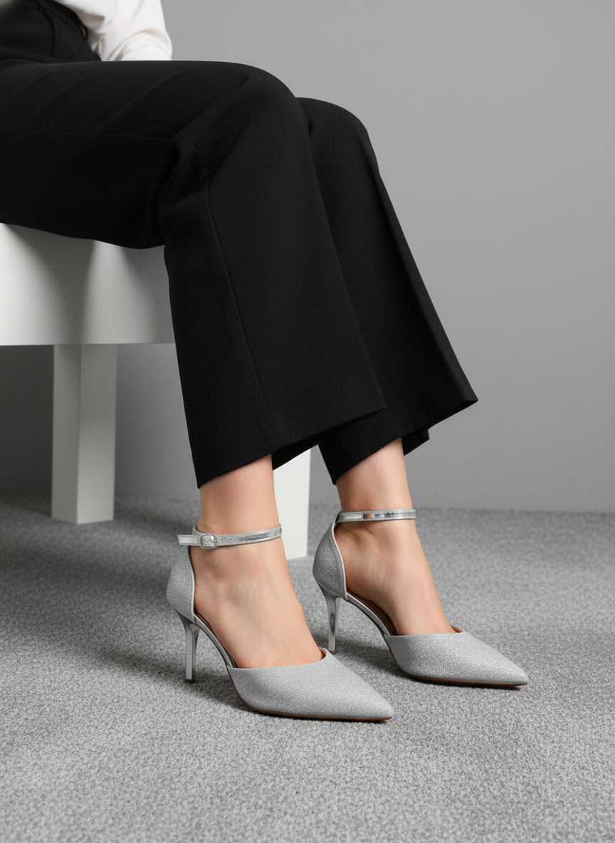 Tacones Plateados Modernos con Punta Fina, Acabado Brillante y Pulsera Ajustable – 14573