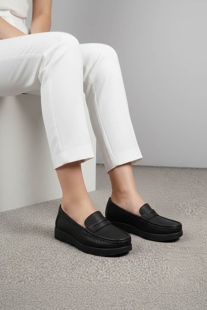 Mocasines de Mujer en Negro con Acabado Texturizado y Suela Plana para Uso Diario - 14010