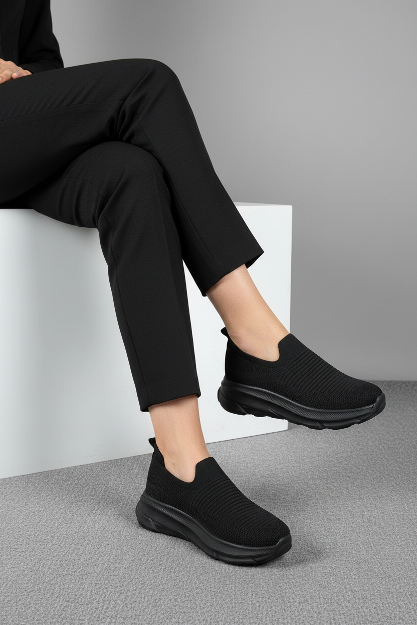 Zapatos Slip On Negros Con Tejido Elástico Y Suela Alta Estilo Urbano Moderno - 14284