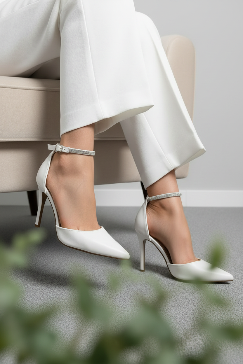 Tacones + Blancos con Pulsera Cruzada y Punta Fina, Hebilla Metálica + Estilo Elegante y Moderno + 14554