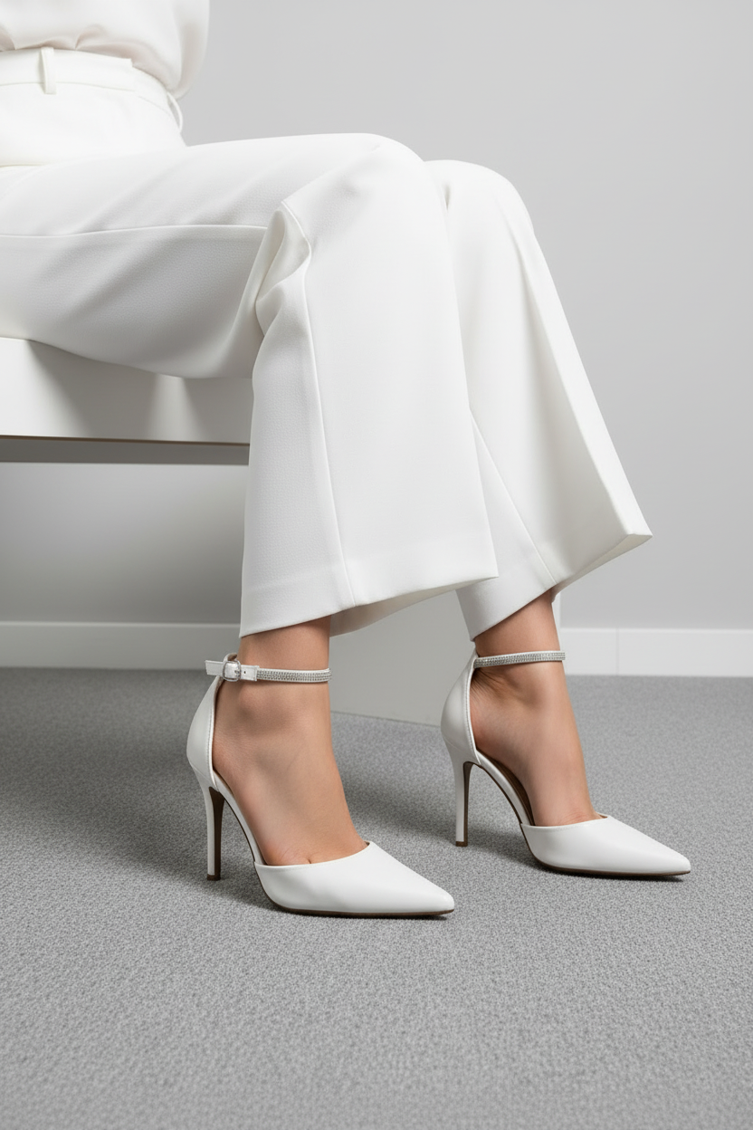 Tacones + Blancos con Pulsera Cruzada y Punta Fina, Hebilla Metálica + Estilo Elegante y Moderno + 14554