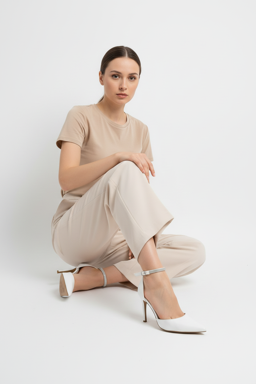 Tacones + Blancos con Pulsera Cruzada y Punta Fina, Hebilla Metálica + Estilo Elegante y Moderno + 14554