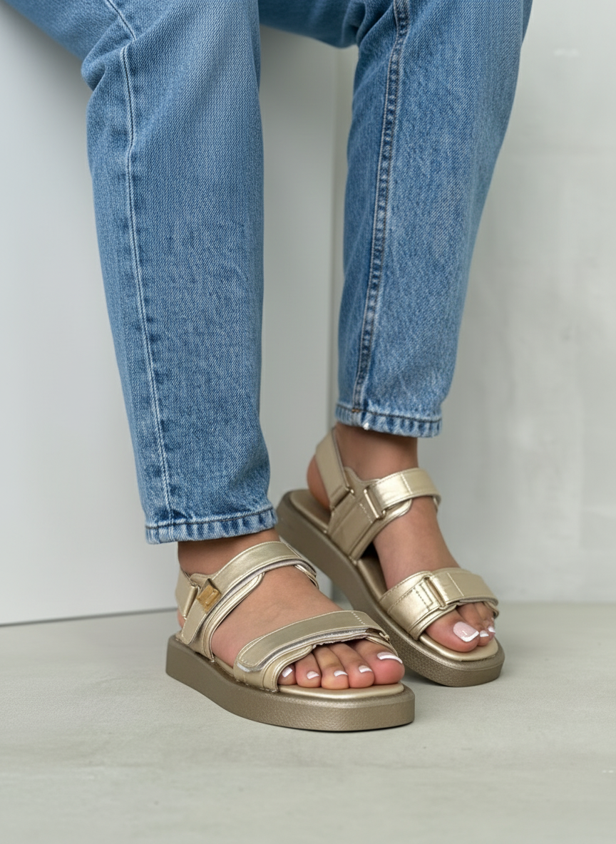 Sandalias Beige Metálicas Con Broches Ajustables 14046 Comodidad Y Estilo Moderno