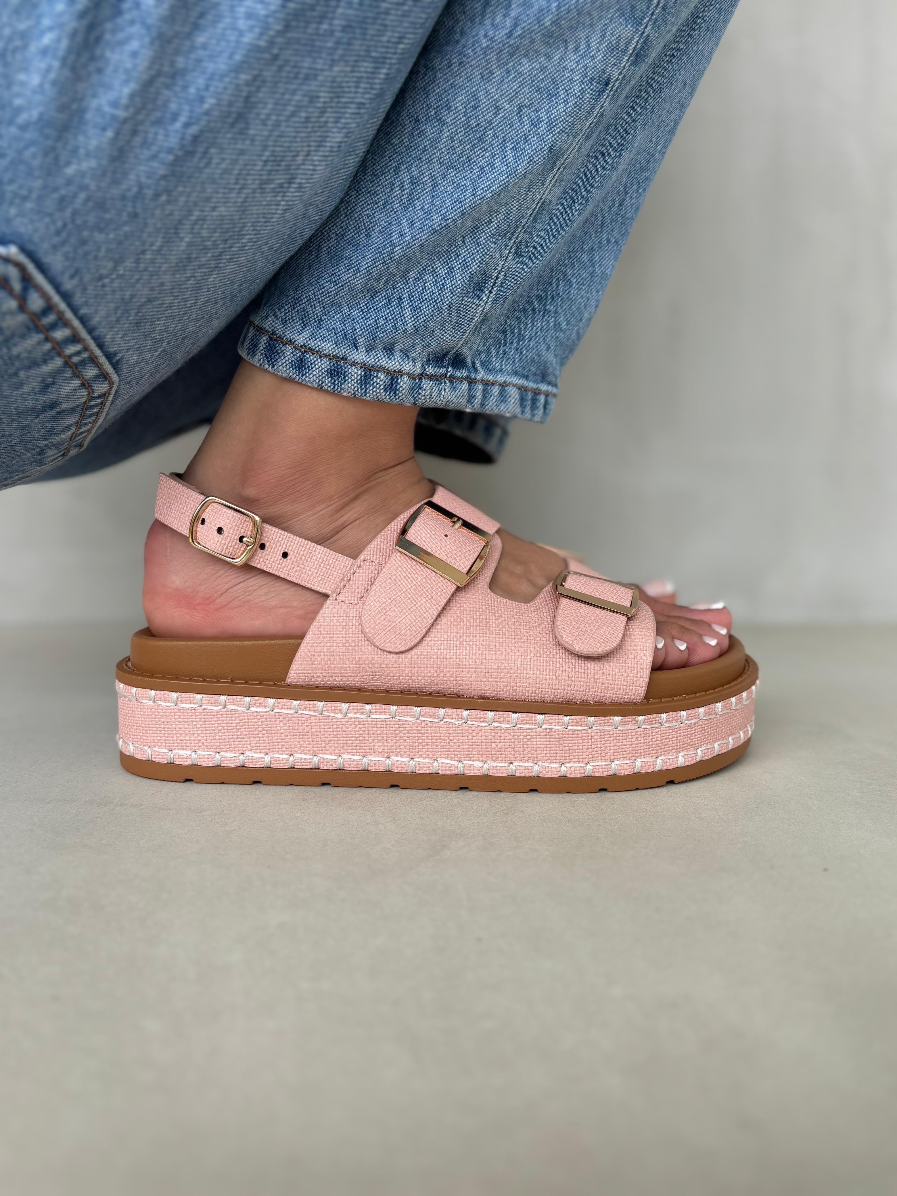 Sandalias Rosa Viejo Plataforma Alta 14348 Con Hebillas Doradas Y Correa Ajustable