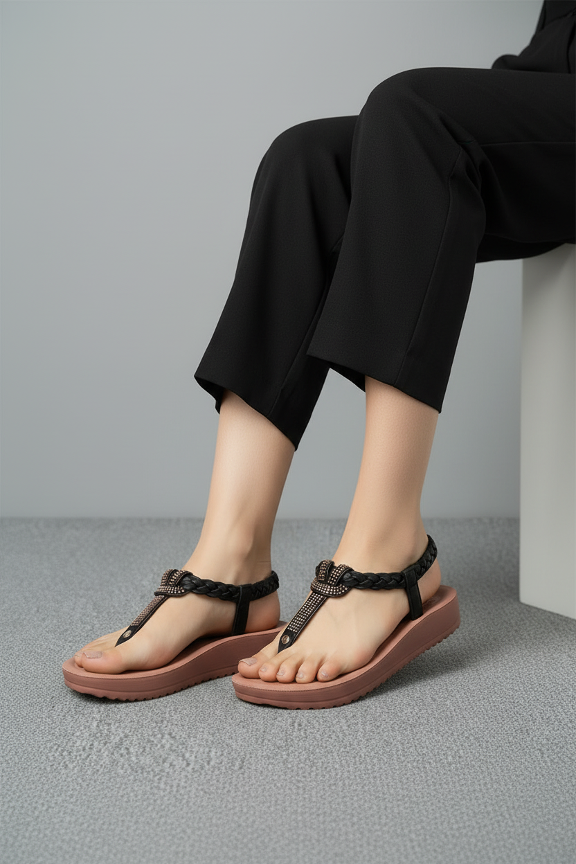 Sandalias Tipo T Con Detalle Trenzado En La Parte Superior Y Suela Levemente Elevada - 14090