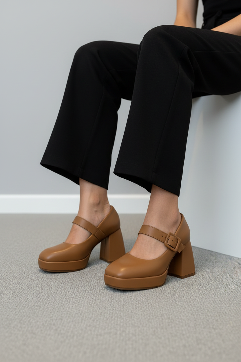 Zapatos Mary Jane Con Plataforma Terracota 13764 Tacón Grueso Y Plataforma Delantera Para Mayor Altura Y Estabilidad